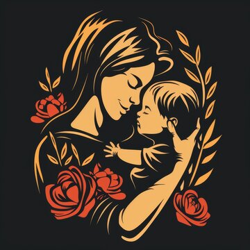 Silhouette of beautiful woman holding a baby in her arms with floral, mother's day