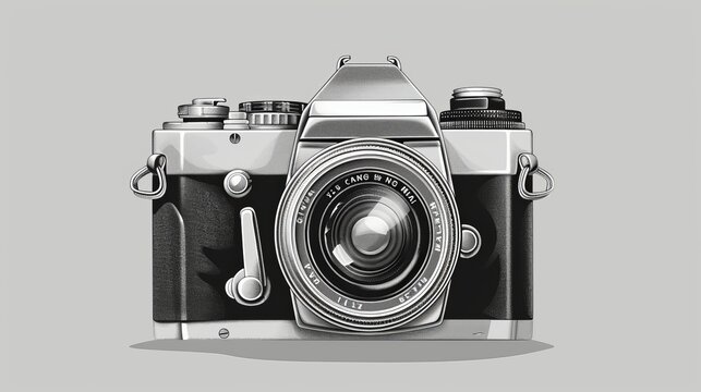 Black and white retro film photo camera set apart against a clear backdrop. 