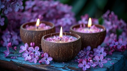 Obraz na płótnie Canvas Delicate candles housed in coconut shells in a soft light with spring flowers in shades of lilac. Coconut shell candles for a feeling of serenity and renewal.