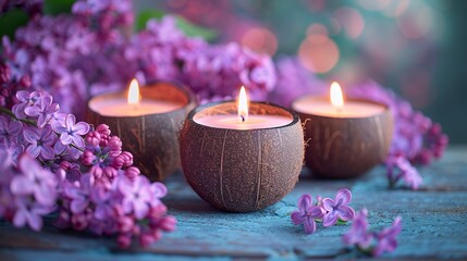 Obraz na płótnie Canvas Delicate candles housed in coconut shells in a soft light with spring flowers in shades of lilac. Coconut shell candles for a feeling of serenity and renewal.