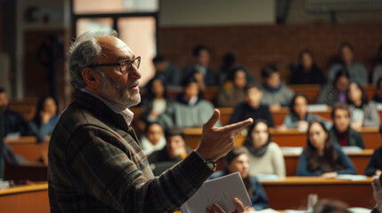 Experienced elegant college professor explaining something to his college class in class