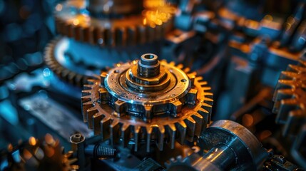 A close-up view of oiled machine gears bathed in sunlight, highlighting the intricate details of a mechanical device - obrazy, fototapety, plakaty