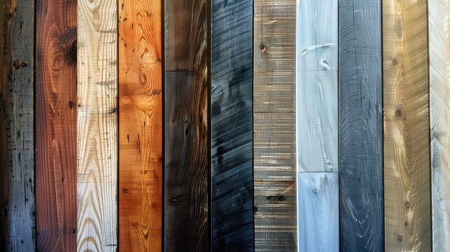 A display showcasing various wood planks arranged horizontally along a wall, highlighting their unique colors, grains, and textures