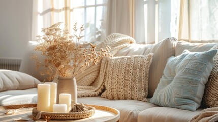 A cozy and stylish living room interior featuring a comfortable couch adorned with decorative...