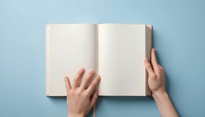 hand open the blank book on pastel blue background on world book day, with copy space , back to school created with generative ai