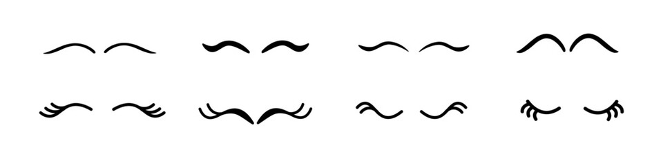 Set of closed eyes. Female black eyelashes. Cute animal or unicorn eyes. Icons in cartoon style. Vector, isolated elements.	