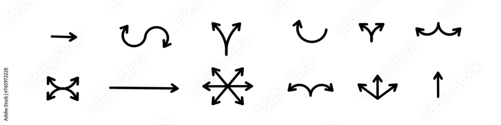 Aufkleber set of black arrows icons. curves pointer, turn to the side. direction right left down up.geometric 