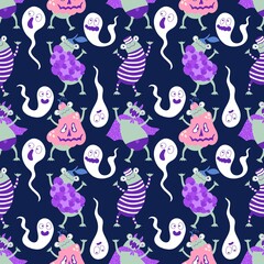 Cartoon Halloween animals carnival costumes seamless frogs and pumpkins pattern for wrapping and kids party