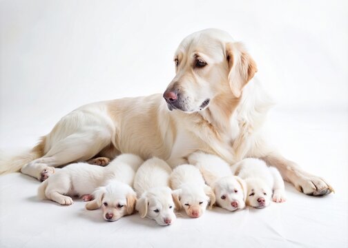 Labrador Retriever puppies and their mother on a white background