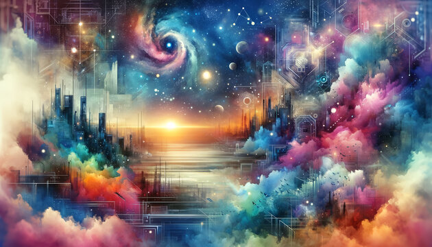 Cosmic Dreamscape: Abstract Astral City at Sunset. Cosmic Symphony Over Digital Cityscape. 4K Wallpaper Cool Background