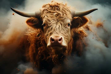 Rolgordijnen Portrait of a bull, buffalo, lots of dust around. © EUDPic