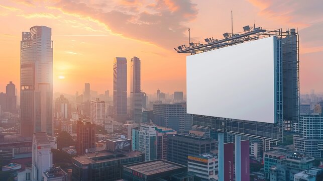 A mockup of a white background billboard on a building with a clipping path. A big, deserted billboard in the middle of a sunset over a backdrop of the city.