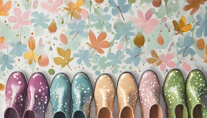 A semiabstract background with a row of multicolored pastel rubber shoes, autumn leaves, flowers,...