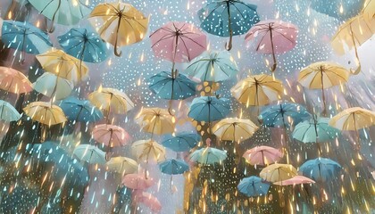 Semiabstract creative artistic background with multicolored umbrellas and multicolored raindrops