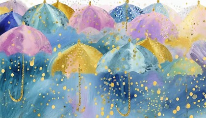 Semiabstract creative artistic background with  multicolored umbrellas and multicolored raindrops - obrazy, fototapety, plakaty