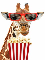 Giraffe Enjoying Popcorn in Red Cinema Glasses. Generative ai