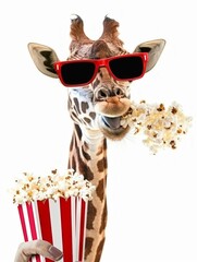 Giraffe Enjoying Popcorn in Red Cinema Glasses. Generative ai