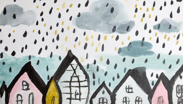An aquarelle illustration, depicting a row of colorful houses and colorful dots and raindrop on background