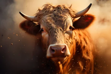Foto op Plexiglas Portrait of a bull, buffalo, lots of dust around. © EUDPic