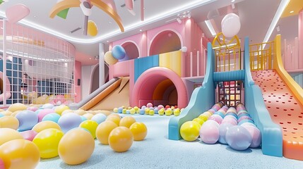 Indoor sports and play playground with a 360-degree view of the ball pit, slide, and plastic dry pool.  A vibrant play area for kids in a modern kindergarten or shopping center.