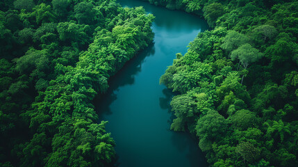 Clear river running through a lush green jungle in Soth America