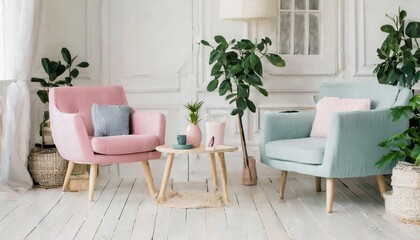 Background with a cozy, contemporary  interior in light pastel colors, boho