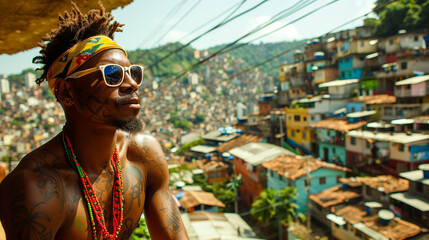 Man looking thoughtfully out over a backdrop of the Favela in Brazil. - obrazy, fototapety, plakaty