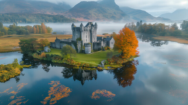 Drone shot of a Scottish castle in the highlands