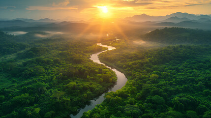 Serene scene at sunset with river flowing through lush green jungle 