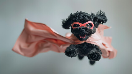 Cute puppy superhero in pink goggles and a cape flying to the rescue with copy space. On a white background