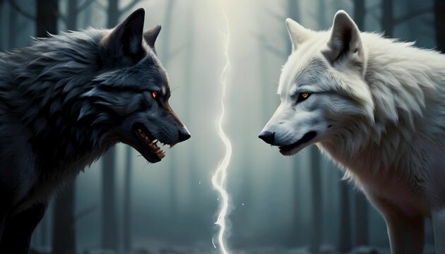 white wolf and black wolf - duel of good and evil concept art - a white wolf versus a black wolf - fantasy illustration - both wolves looking at each other in a face off duel generative ai