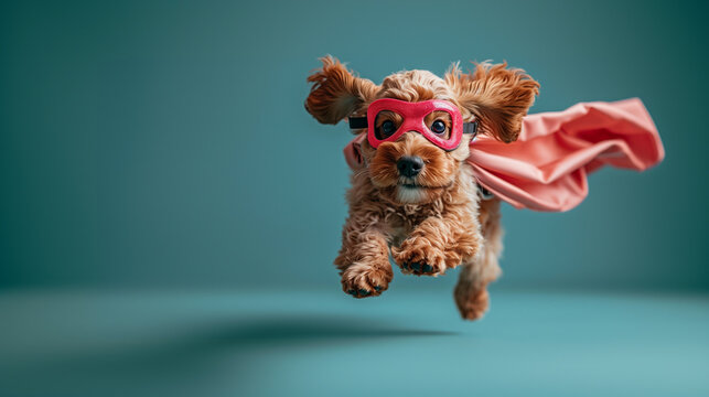 Cute puppy superhero in goggles and a cape flying to the rescue with copy space. On a plain blue background.