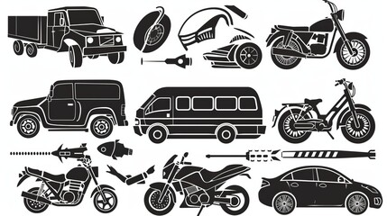 Vehicle crash and traffic accident icons. Road accident vector clipart featuring a car, motorcycle, truck, and train. in both black and white - obrazy, fototapety, plakaty