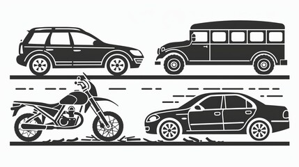 Vehicle crash and traffic accident icons. Road accident vector clipart featuring a car, motorcycle, truck, and train. in both black and white