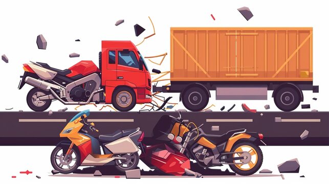 Vehicle crash and traffic accident icons. Road accident vector clipart featuring a car, motorcycle, truck, and train.