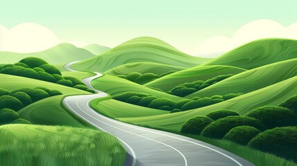 Road passing through verdant hills, 3D vector illustration