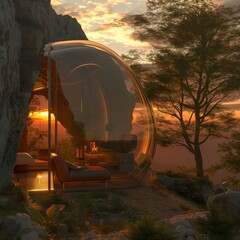 Geodesic dome with plush interiors basks in golden glow of sunset, perched on rugged mountain ridge, offering blend of luxury, adventure. Glamping cabin with plush interior at sunset in
