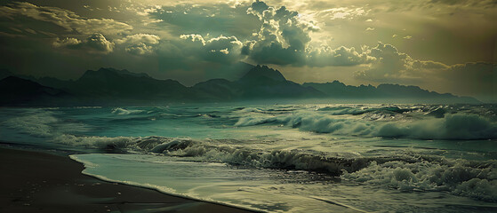 The foreground features a dark sandy beach with white foamy waves gently rolling in - obrazy, fototapety, plakaty