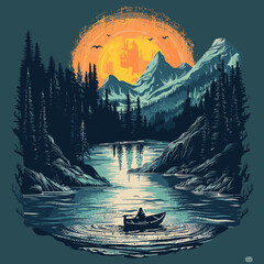 Mountains, lake and boat in the forest. Vector illustration.