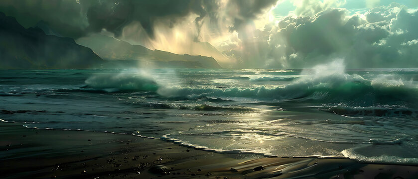 The foreground features a dark sandy beach with white foamy waves gently rolling in