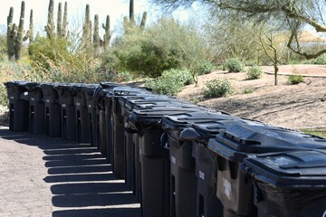 Trash cans lined up outside in a park