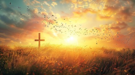 Spectacular Good friday easter landscape with cross - obrazy, fototapety, plakaty