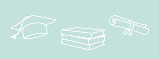 school icons, white outline, hat, scroll, books, graduation symbols, end of school day, graduation ceremony drawing clip-art, vector elements