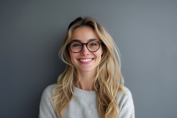 A jolly woman with blonde hair wearing glasses smiles for the camera. - obrazy, fototapety, plakaty