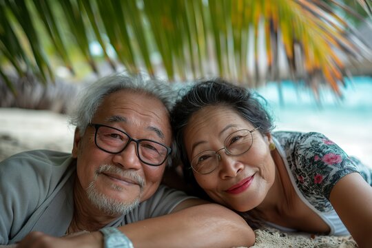 Man and woman, Asian seniors, peacefully embrace on beach under palm tree, basking in love and natures beauty.