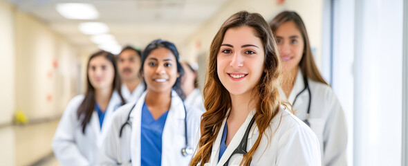 Group of Young Medical Students and Nurses Smiling in a Hallway - obrazy, fototapety, plakaty