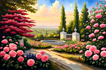 beautiful landscape watercolor painting of a lovely european-style rose garden with trees, marble architecture, overlooking a gorgeous nature vista beneath a cloudy blue sky