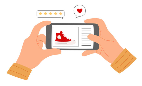 Hand holding smartphone, liking product in shoe store. Commercial template on white background. Customer feedback.