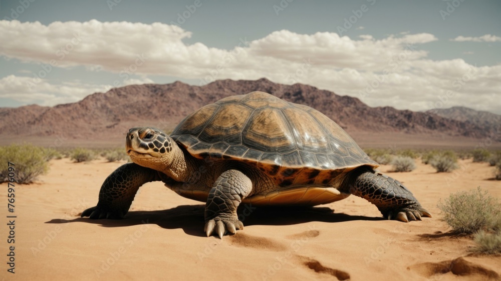 Poster a large turtle is walking across the desert in a sandy area. generative ai.