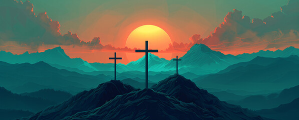 Majestic Easter Sunrise Over Rugged Mountains with Three Crosses Silhouette - Serene Spiritual Landscape Digital Illustration with Vibrant Orange and Teal Hues - obrazy, fototapety, plakaty